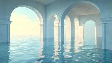 A serene, sunlit architectural view overlooking calm waters on a tranquil morning, highlighting arches and reflections in a coastal location. Coastal Archway. Illustration