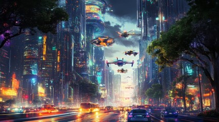 Naklejka premium Futuristic cityscape with flying vehicles and neon lights.