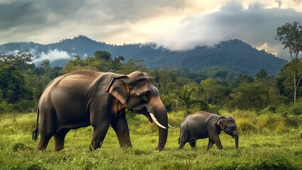 Fototapeta premium Asia Elephants walking on the green field with the mountain background.