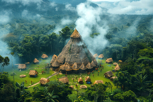 Traditional Amazon tribe village in lush rainforest. Generative AI image
