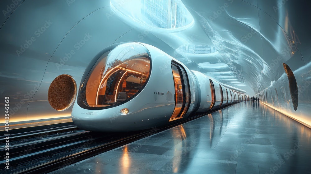 Poster a high-tech train approaches a modern underground station featuring a streamlined design and glowing