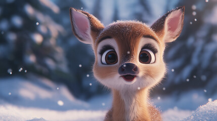 Obraz premium an adorable white-tailed deer fawn standing in the snow, with big eyes and a curious, expressive look on its face. The background is a snowy landscape with pine trees.