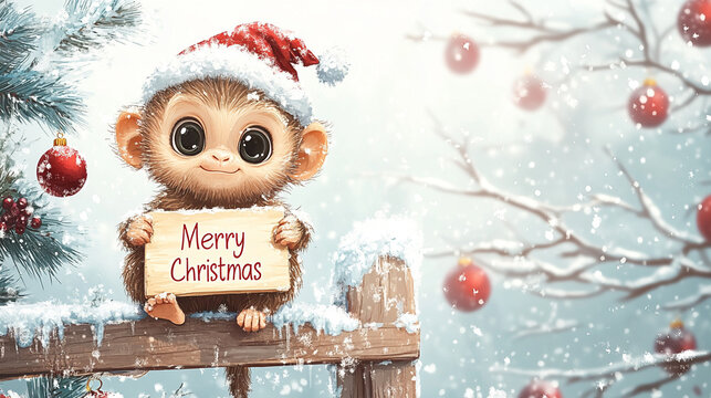A cute baby MONKEY in Christmas sitting on a fence With a wooden sign saying Merry Christmas
