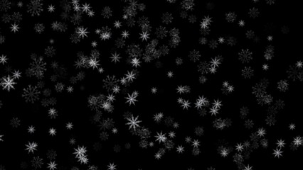 Realistic snow overlay background. Snowfall, snowflakes in different shapes and forms. Snowfall on black background.