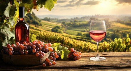 Naklejka premium Rustic Wine Scene with Grapevines, Barrel, and Cheese on Wooden Table