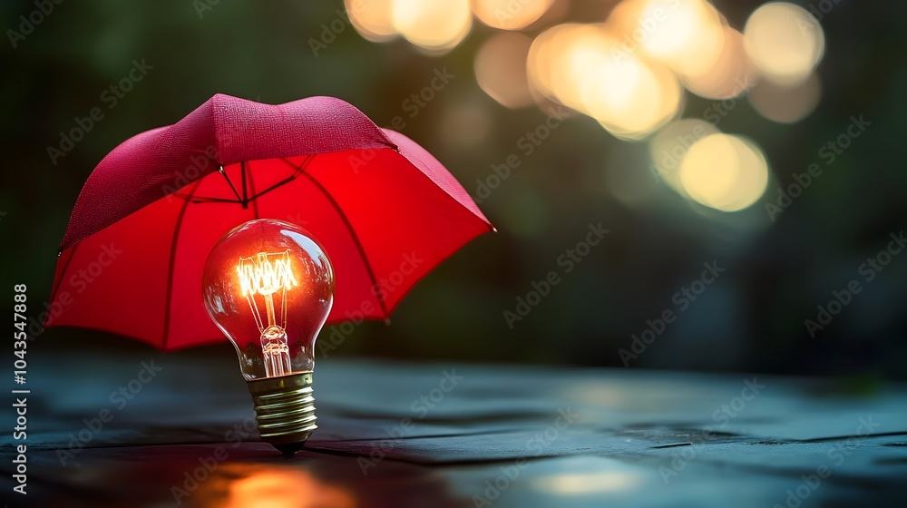 Poster red umbrella shielding lightbulb symbolizing innovation safety in business