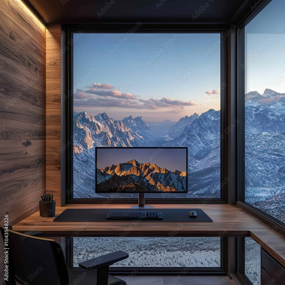 Poster stunning mountain view from a modern home office with computer setup