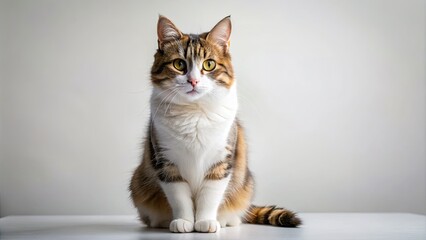Obraz premium A magnificent cat stands poised against a white backdrop, showcasing its effortless elegance and captivating charm in this breathtaking feline portrait. Pure bliss embodied.