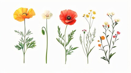 Fototapeta premium Colorful wildflowers on a white isolated background showcasing elegance and natural beauty.