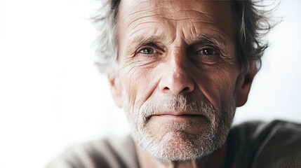 Smiling mature man with gray hair and beard, relaxed and casual pose, close-up portrait against a light background
