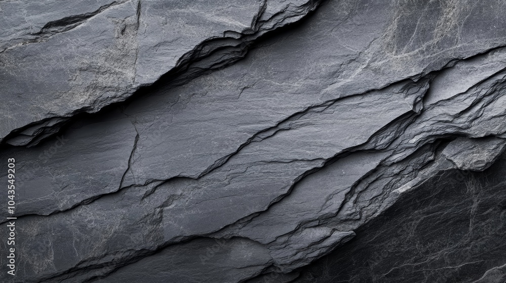 Poster a close-up of textured slate rock, featuring layered patterns and a dark gray hue, highlighting the 