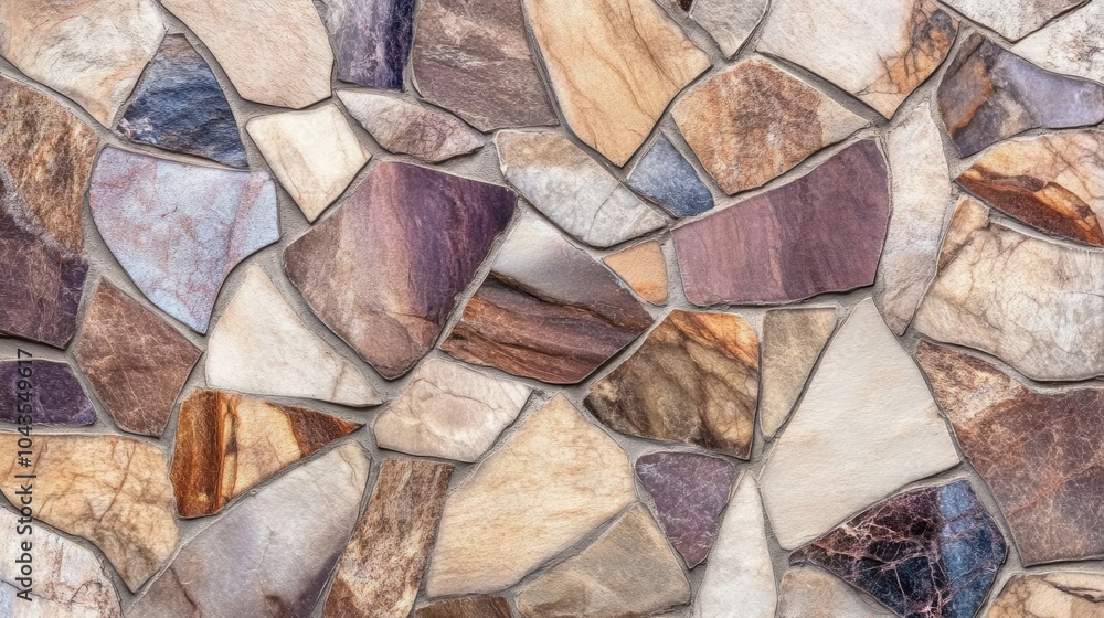 Poster a close-up view of a multicolored stone surface featuring various shapes and textures, showcasing na