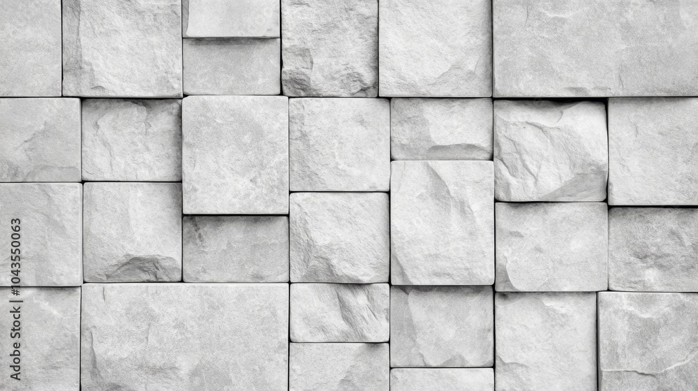 Poster a textured wall composed of square stone blocks in various shades of grey, creating an interesting a
