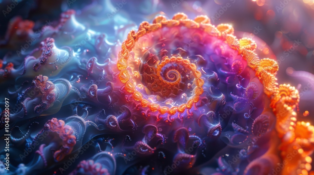 Poster a spiral fractal design with each curved line leading into another representing the neverending cycl