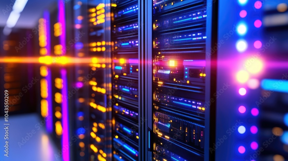 Poster futuristic data center with glowing network cables