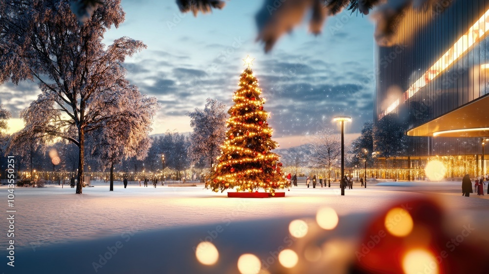 Wall mural glowing christmas tree in snowy winter landscape