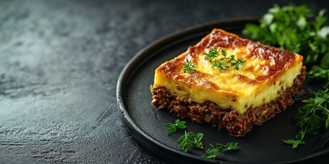 Slice of Bobotie Showing Its Egg Custard Topping and Spiced Minced Meat Base
