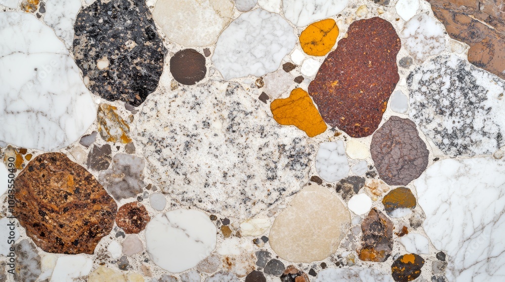 Poster a close-up view of a textured stone surface featuring various colored aggregates, showcasing natural