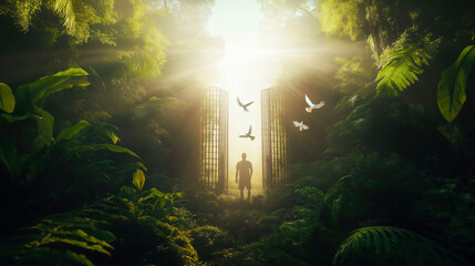 Obraz premium A man stands in the center of an open doorway surrounded by lush greenery and birds flying around, representing lost but hopeful about what lies beyond the horizon