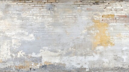 Obraz premium A weathered, textured wall with peeling paint and exposed brick, showcasing a mix of gray and yellow hues.