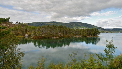 Mountain valley with a lake in the Norwegian mountains.