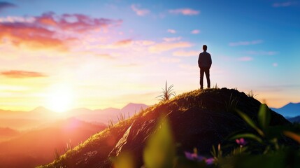 Fototapeta premium Person Standing on Hill at Sunrise