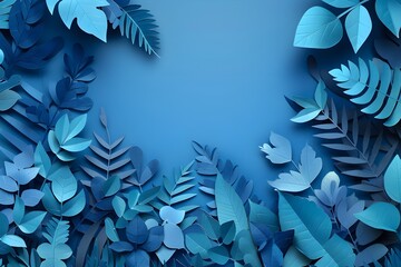 A frame made of paper cut leaves on a blue background