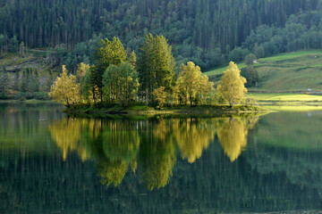 Autumn colorful trees on the island reflection in the lake.