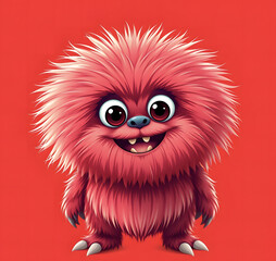 Fototapeta premium Funny fluffy red monster isolated on bright pure red background. Happy and fluffy little monster. Adorable yeti. Halloween character.