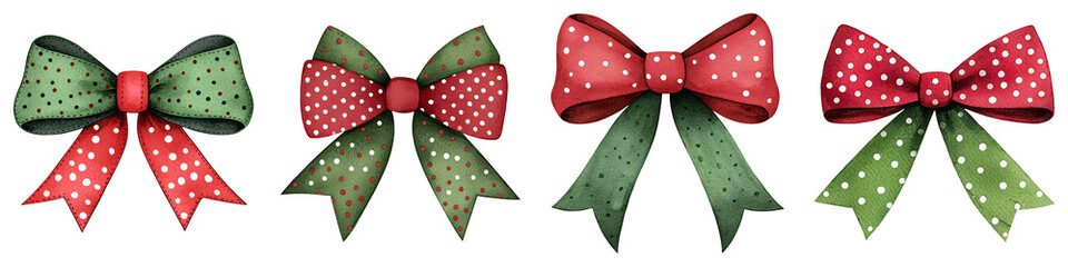 Colorful holiday bows in shades of green and red, adorned with polka dots, perfect for festive decorations.
