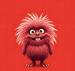 Funny fluffy red monster isolated on bright pure red background. Happy and fluffy little monster. Adorable yeti. Halloween character.