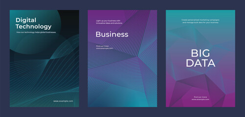 Business-themed posters with abstract designs. Keywords: business, technology, data. Vibrant colors and modern layouts emphasize business and data. Digital business and big data template vector set.