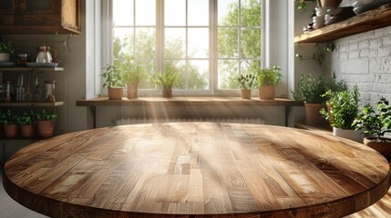 Fototapeta premium Bright kitchen with a round wooden table, ideal for product displays or food photography