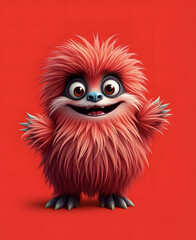 Fototapeta premium Funny fluffy red monster isolated on bright pure red background. Happy and fluffy little monster. Adorable yeti. Halloween character.