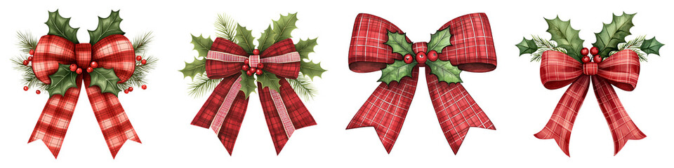 Four decorative red bows adorned with holly, perfect for festive celebrations and decorations.