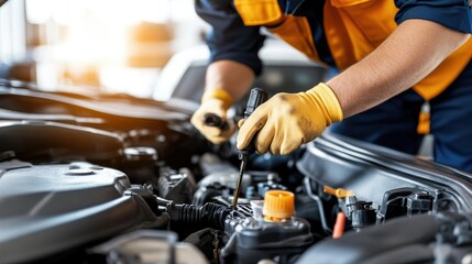 Obraz premium Mechanic Changing Oil in Vehicle Engine