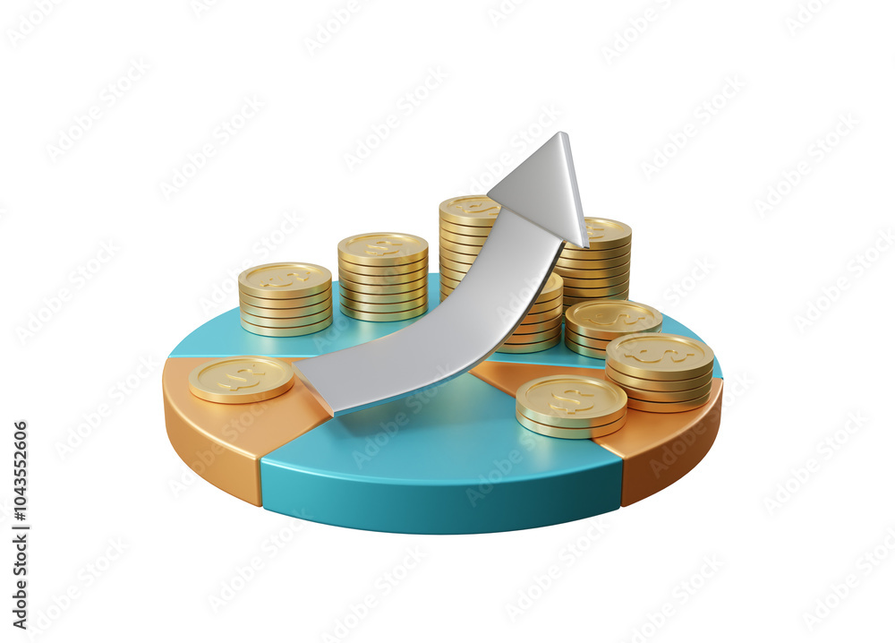 Aufkleber 3d rendered illustration of a segmented pie chart icon with piles of shiny gold coins in each segmen