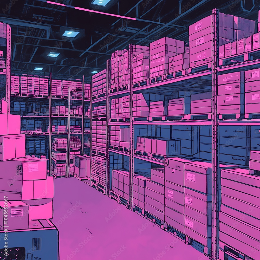 Wall mural Neon Warehouse Interior - A Stockroom Filled with Stacked Boxes.