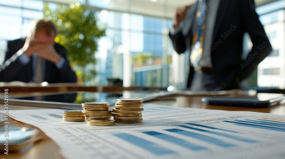 Poster financial overview with coins and charts in office setting