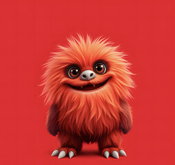 Fototapeta premium Funny fluffy red monster isolated on bright pure red background. Happy and fluffy little monster. Adorable yeti. Halloween character.