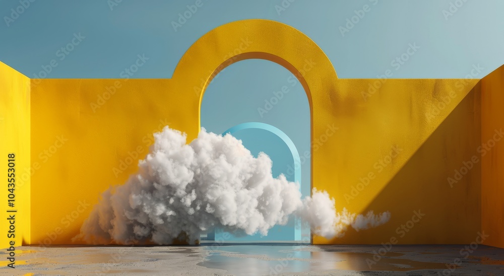 Poster yellow archway with cloud floating through in minimalist scene