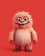 Fototapeta premium Funny fluffy red monster isolated on bright pure red background. Happy and fluffy little monster. Adorable yeti. Halloween character.