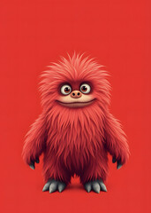 Fototapeta premium Funny fluffy red monster isolated on bright pure red background. Happy and fluffy little monster. Adorable yeti. Halloween character.