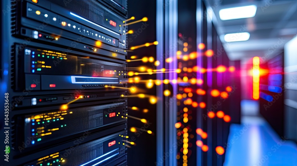 Poster high-performance server room with glowing indicators