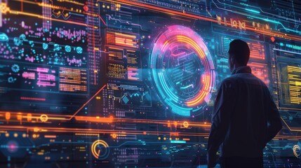 Obraz premium Data engineer setting up data pipelines, with digital infrastructure visuals