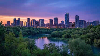 Fototapeta premium An artistic shot of a modern city skyline during twilight, highlighting the contrast between nature and urban architecture.