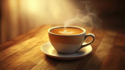 Morning Aroma: Hot Coffee Beverage on Wooden Table Background