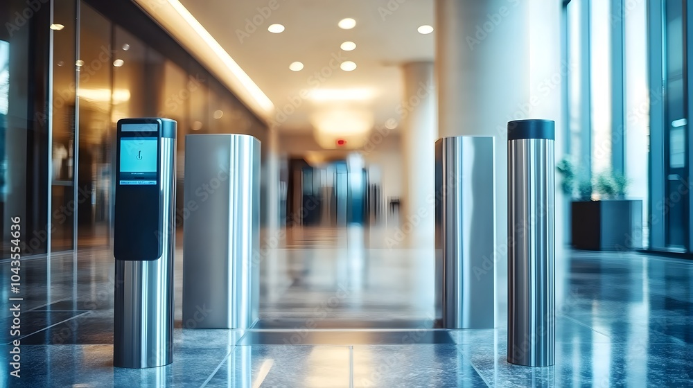 Poster secure access control with shiny anti-theft scanner gates in a business office building
