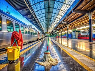 Obraz premium Clean Long-Distance Trains: A Fresh Look at Modern Transportation with Mop, Bucket, and Rag in Empty Train Entrance