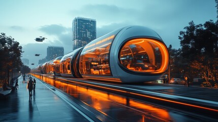 A modern transportation hub showcases illuminated pods designed for travel. People walk along the platform as drones hover above, creating a dynamic urban atmosphere at dusk.